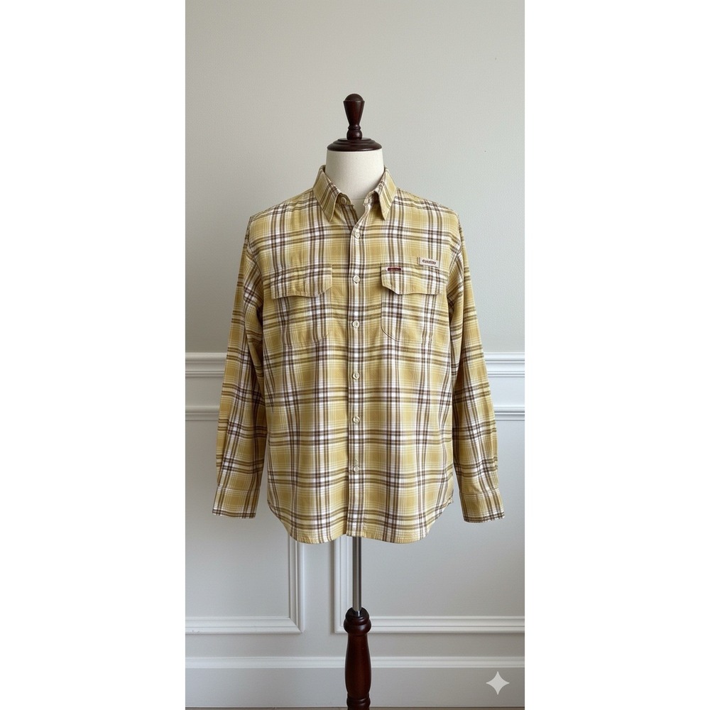 Simms Button Up Shirt Yellow Plaid Fishing Performance UPF Roll Tab Sleeves M